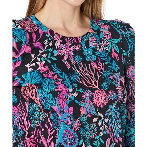 Lilly Pulitzer Jansen Puff Sleeve Sweatshirt Onyx Twilight Coral Medium - Picture 2 of 8